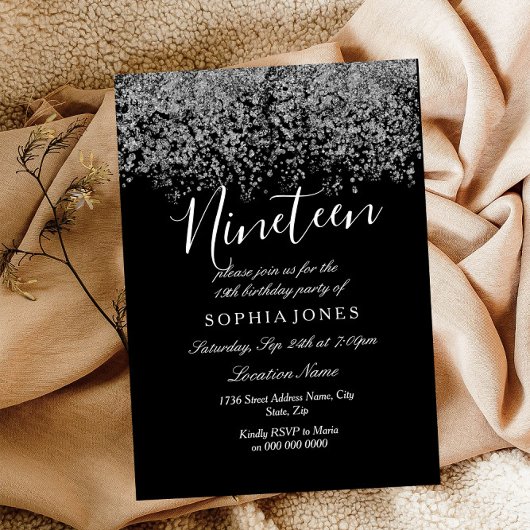 ブラックシルバーグリッター紙吹雪19th birthday party 招待状