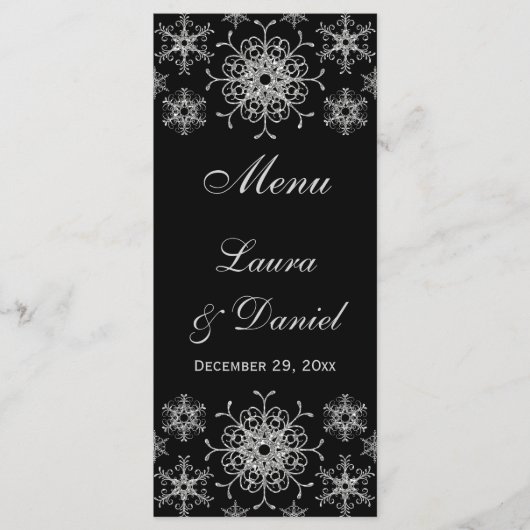 ブラックシルバーグリッター結婚スノーフレークのメニューカード メニュー (正面)