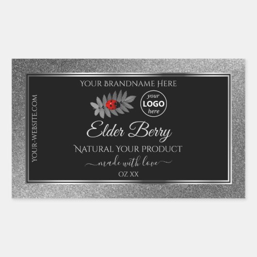 ブラックシルバーグリッター製品ラベルLadybugロゴ 長方形シール (正面)