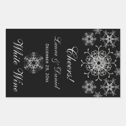 ブラックシルバーグリッター雪片ワインラベルシール 長方形シール (正面)