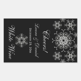 ブラックシルバーグリッター雪片ワインラベルシール 長方形シール