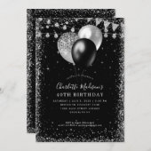ブラックシルバーグレーバルーンライティングエイジ誕生日 招待状 (正面/裏面)