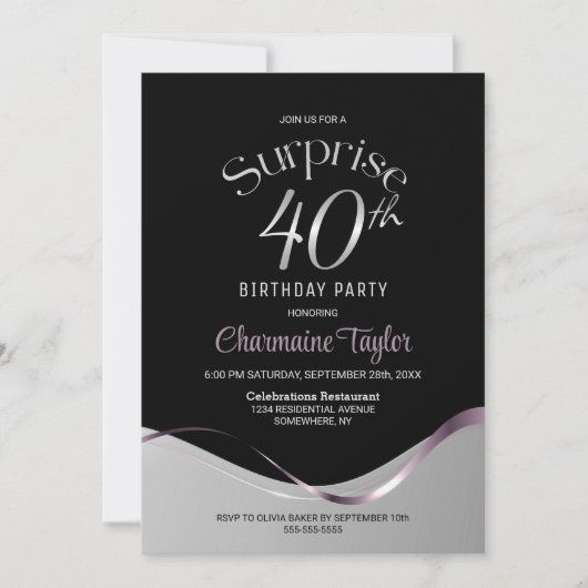 ブラックシルバーサプライズ40th誕生日パーティー 招待状 (正面)