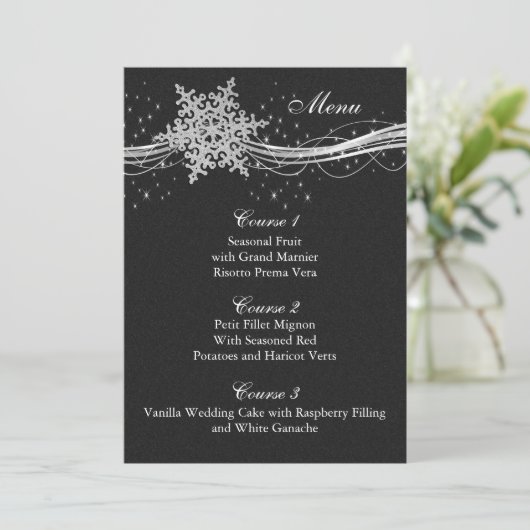 ブラックシルバースノーフレーク冬のウェディングメニューカード メニュー (スタンド正面)