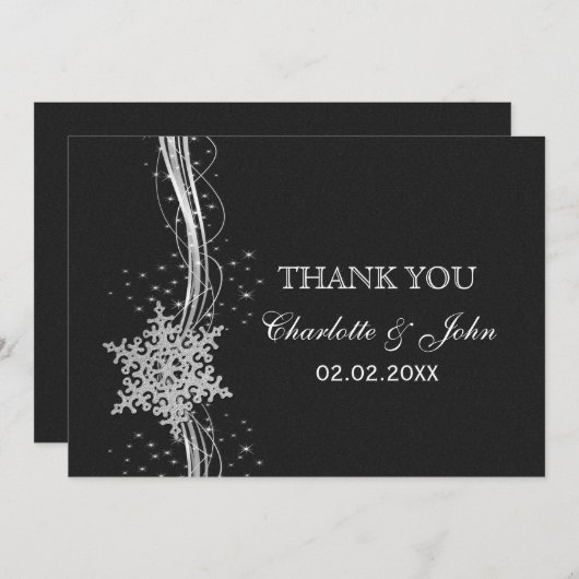 ブラックシルバースノーフレーク冬の結婚式ありがとう 招待状 (正面/裏面)