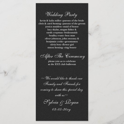 ブラックシルバースノーフレーク結婚式のプログラムの長さ プログラム (裏面)