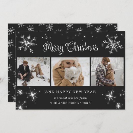 ブラックシルバースパークリススノーフレーク写真コラージュ シーズンカード (正面/裏面)