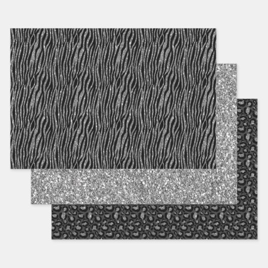 ブラックシルバーゼブラアニマルプリントグリッター ラッピングペーパーシート (セット)