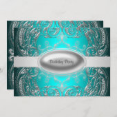 ブラックシルバーティール(緑がかった色)ガールウーマンズバースデーパーティー 招待状 (正面/裏面)