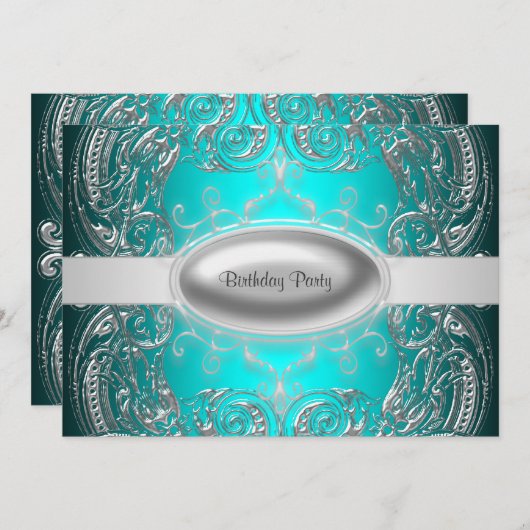 ブラックシルバーティール（緑がかった色）ガールウーマンズバースデーパーティー 招待状 (正面/裏面)
