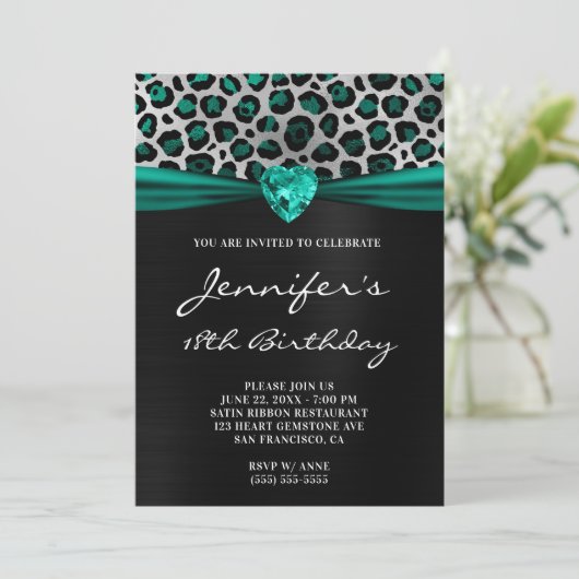 ブラックシルバーティール(緑がかった色)グリーンレオパードフォイル18誕生日 招待状 (スタンド正面)