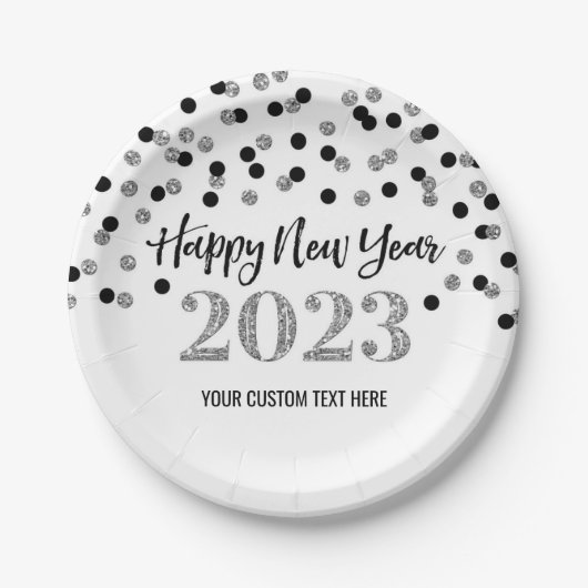 ブラックシルバーハッピーニューイヤー2023紙プレート ペーパープレート (正面)