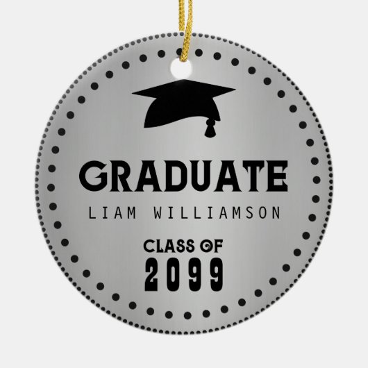 ブラックシルバーパーソナライズされた卒業男らし セラミックオーナメント (正面)