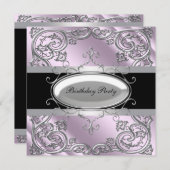 ブラックシルバーパープルガールズウーマンズバースデーパーティー 招待状 (正面/裏面)