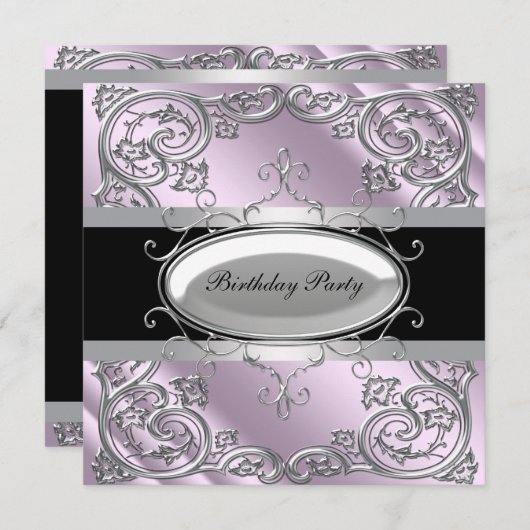 ブラックシルバーパープルガールズウーマンズバースデーパーティー 招待状 (正面/裏面)