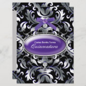 ブラックシルバーパープルダマスクパープルキンセアニェラ 招待状 (正面/裏面)