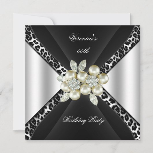 ブラックシルバーヒョウ真珠ジュエルバースデーパーティー 招待状 (正面)