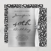 ブラックシルバーヒョウ箔ジェムリボン40th誕生日 招待状 (正面/裏面)
