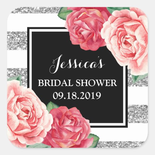 ブラックシルバーピンクフローラブライダルシャワーメッセージカード スクエアシール (正面)