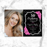 ブラックシルバーピンク写真50誕生日 招待状<br><div class="desc">エレガントフローラ50歳の誕生日の招待状と写真。グラムブラックピンクデザインとフェイクグリッター銀。ピンクのバラ、スクリプトのフォント、紙吹雪が特徴。大人スタイリッシュのお祝いパーティーに最適。独自の詳細でパーソナライズどんなカスタマイズ年でもいい！印刷されたZazzle招待状または即時ダウンロードのデジタル印刷可能なテンプレート。</div>