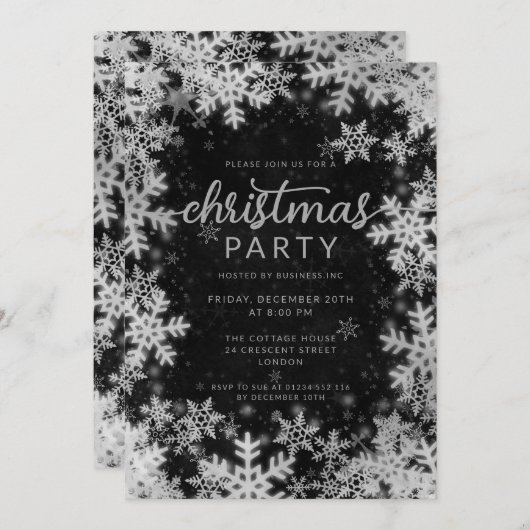 ブラックシルバーフェイクフォイル雪片クリスマスパーティー 招待状 (正面/裏面)