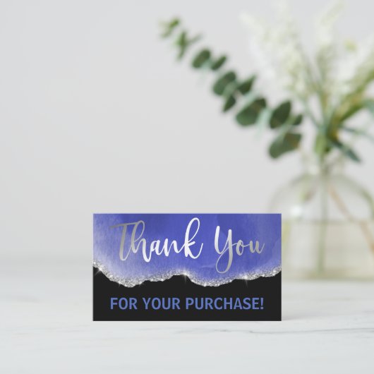 ブラックシルバーフォイルグリッターブルーエーゲートありがとう 名刺 (スタンド正面)