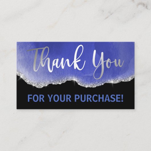 ブラックシルバーフォイルグリッターブルーエーゲートありがとう 名刺 (正面)