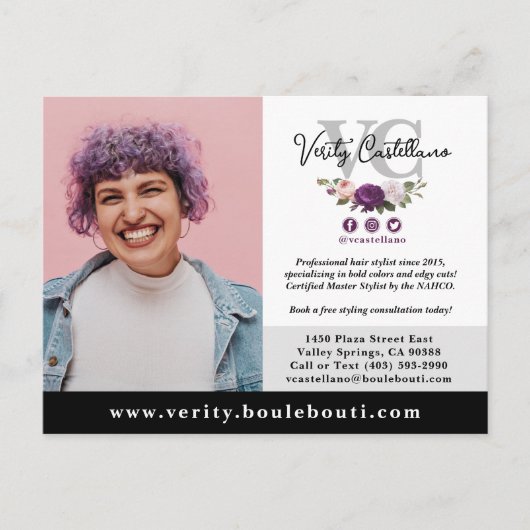 ブラックシルバーフローラサロンスタイリストフォトマーケティング ポストカード (正面)