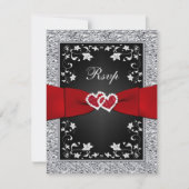 ブラックシルバーフローラハートフェイクフォイルRSVP 出欠カード (正面)