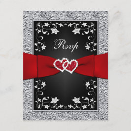 ブラックシルバーフローラハートフェイクフォイルRSVP 出欠カード