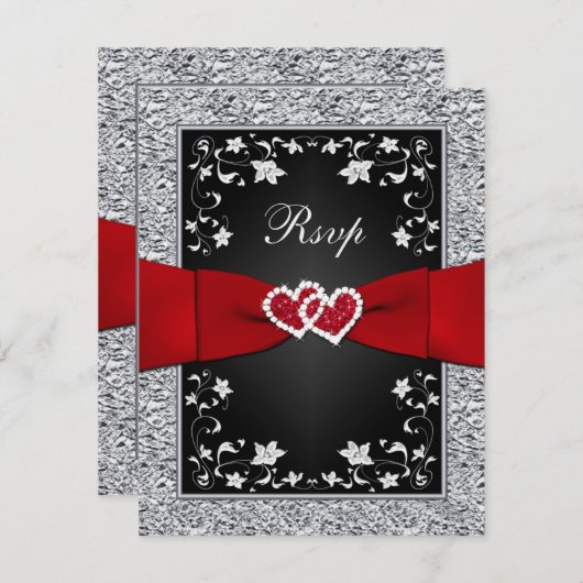 ブラックシルバーフローラハートフェイクフォイルRSVP 出欠カード (正面/裏面)