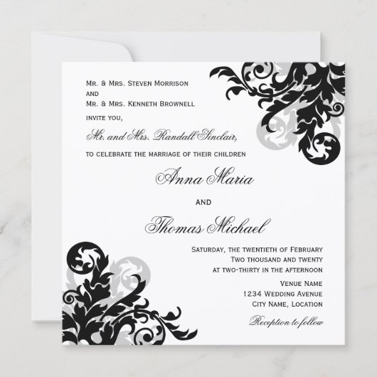 ブラックシルバーフローリッシュパーテ結婚ィブズ 招待状 (正面)