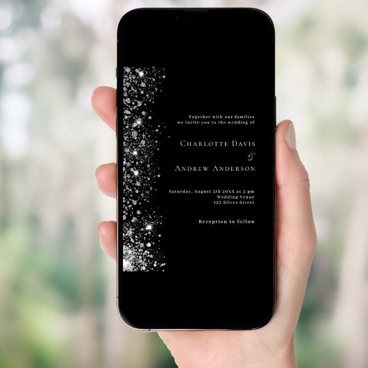 ブラックシルバーホワイトグリッターラグジュアリー結婚ズ 招待状