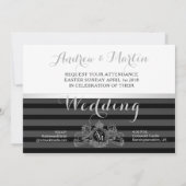 ブラックシルバーホワイトライオンユニコーンエンブレム結婚ズ 招待状 (裏面)