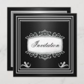 ブラックシルバーメンバースデーパーティパーソナライズされたー 招待状 (正面/裏面)