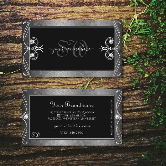 ブラックシルバーモザイクスパークル華美ジュエルズモノグラム 名刺