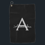 ブラックシルバーモダンスクリプトガーリーモノグラム名 ゴルフタオル<br><div class="desc">背中と銀モノグラム名ゴルフタオル。これは、最高の甘い16歳の誕生日、結婚ブライダルシャワー、記念日、赤ちゃんシャワーまたはバチェロレッテギフトを作る誰かがグラームの豪華さとシックなスタイルを愛する。</div>