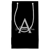 ブラックシルバーモダンスクリプトガーリーモノグラム名 スモールペーパーバッグ (正面)