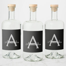 ブラックシルバーモダンスクリプトガーリーモノグラム名 リキュールボトルラベル