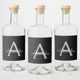 ブラックシルバーモダンスクリプトガーリーモノグラム名 リキュールボトルラベル