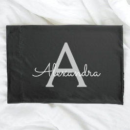 ブラックシルバーモダンスクリプトガーリーモノグラム名 枕カバー