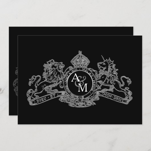 ブラックシルバーライオンユニコーンリーガルエンブレム結婚ズ 招待状 (正面/裏面)