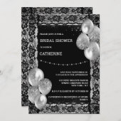 ブラックシルバーレースダイヤモンドきらめくシックなバルーン 招待状 (正面/裏面)