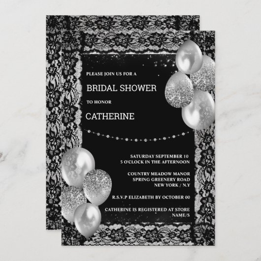 ブラックシルバーレースダイヤモンドきらめくシックなバルーン 招待状 (正面/裏面)