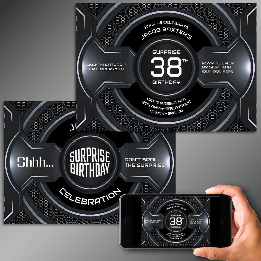 ブラックシルバー任意の年齢のサプライズバースデーパーティー 招待状