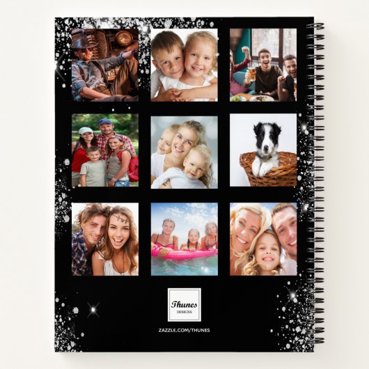 ブラックシルバー写真コラージュ モノグラム グリッター ノートブック (裏面)