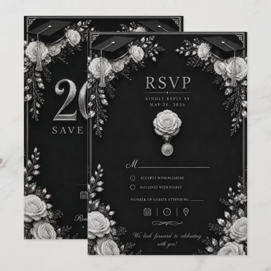 ブラックシルバー卒業カード2026 RSVP付き (正面/裏面)