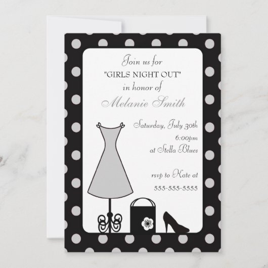 ブラックシルバー水玉模様ガールズナイトアウト 招待状 (正面)
