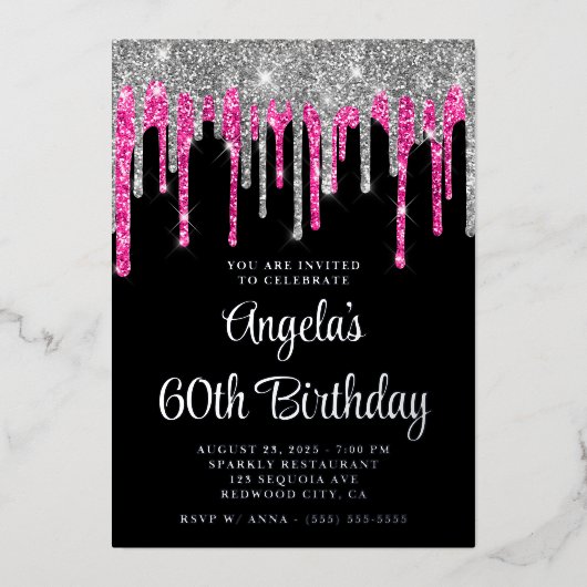 ブラックシルバー深いピンクグリッタードリップス60誕生日 箔招待状 (正面)