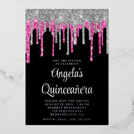 ブラックシルバー深いピンクグリッタードリプスキンセアニラ 箔招待状 (正面)